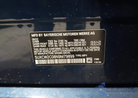 2022 BMW X7 xDrive40I z USA, uszkodzony, nr VIN 5UXCW2C08N9M79899